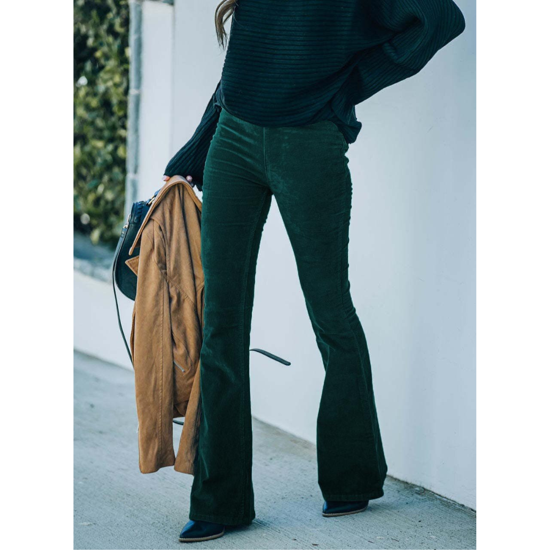 Chloe I High-Rise Stretch Corduroy Flare Pants - Vintage Retro Style